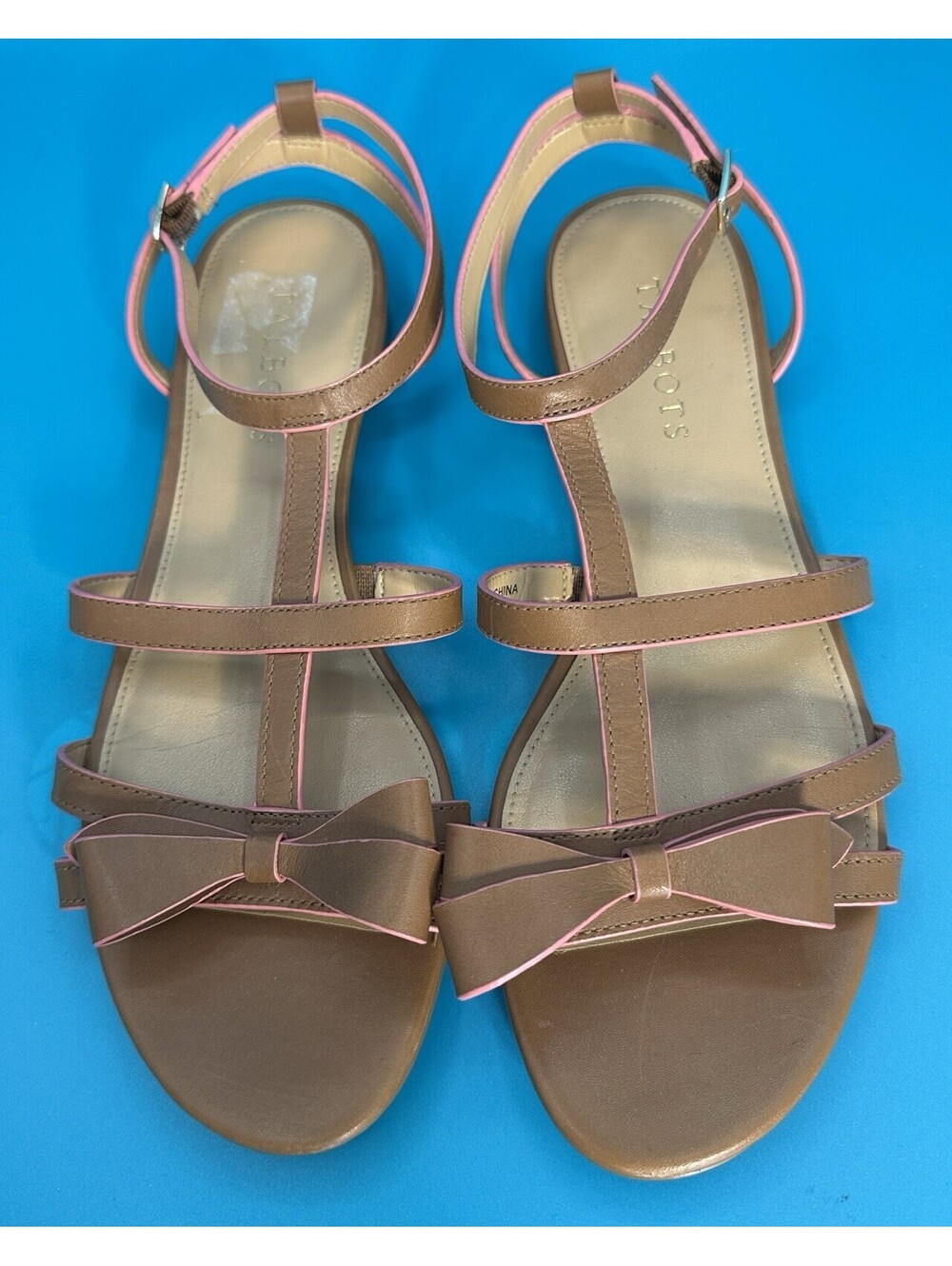 Talbots Keri Bow Vachetta Leather Ankle Strappy Summer Sandals Tan & Pink 7.5